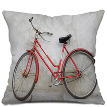 Old Red Bicycle Leaning Against A Wall Pillows 2345232