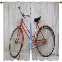 Old Red Bicycle Leaning Against A Wall Window Curtains 2345232