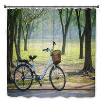 Old Vintage Bicycle In Public Park With Green Nature Concept Bath Decor 64445801