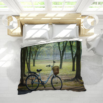 Old Vintage Bicycle In Public Park With Green Nature Concept Bedding 64445801