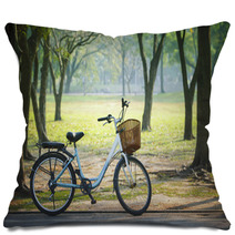 Old Vintage Bicycle In Public Park With Green Nature Concept Pillows 64445801