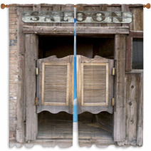 Old Western Swinging Saloon Doors With Sign Window Curtains 8015542