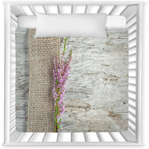 Old Wooden Background With Heather And Sacking Ribbon Nursery Decor 55329467