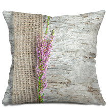 Old Wooden Background With Heather And Sacking Ribbon Pillows 55329467