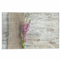 Old Wooden Background With Heather And Sacking Ribbon Rugs 55329467