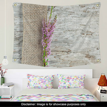 Old Wooden Background With Heather And Sacking Ribbon Wall Art 55329467