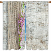 Old Wooden Background With Heather And Sacking Ribbon Window Curtains 55329467
