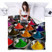 On The Photo: Colorful Tika Powders On Orcha Market India Blankets 40680672