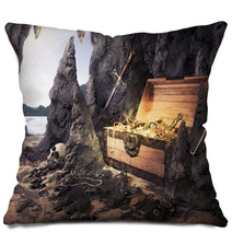 Open Treasure Chest With Bright Gold In A Cave Pillows 36102802