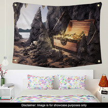 Open Treasure Chest With Bright Gold In A Cave Wall Art 36102802