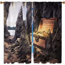 Open Treasure Chest With Bright Gold In A Cave Window Curtains 36102802