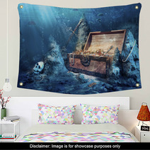 Open Treasure Chest With Bright Gold Underwater Wall Art 36102855