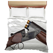 Opened Double barrelled Hunting Loaded Gun Closeup Isolated Bedding 63025973