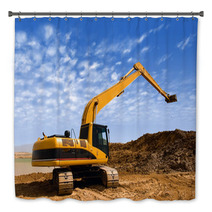 Orange Excavator At Construction Irrigation Canal In Desert Bath Decor 59047549