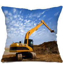 Orange Excavator At Construction Irrigation Canal In Desert Pillows 59047549
