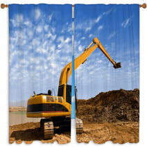 Orange Excavator At Construction Irrigation Canal In Desert Window Curtains 59047549