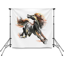 Oriental Style Painting Of A Running Horse Traditional Chinese Ink And Wash Vector Illustration Horse On Flame Backdrops 178515697