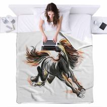 Oriental Style Painting Of A Running Horse Traditional Chinese Ink And Wash Vector Illustration Horse On Flame Blankets 178515697