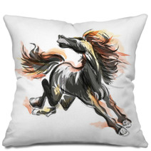 Oriental Style Painting Of A Running Horse Traditional Chinese Ink And Wash Vector Illustration Horse On Flame Pillows 178515697