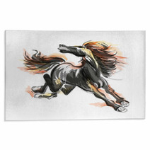 Oriental Style Painting Of A Running Horse Traditional Chinese Ink And Wash Vector Illustration Horse On Flame Rugs 178515697