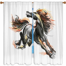 Oriental Style Painting Of A Running Horse Traditional Chinese Ink And Wash Vector Illustration Horse On Flame Window Curtains 178515697