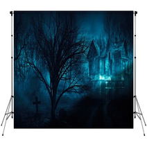 Orror Halloween Haunted House In Creepy Night Forest Backdrops 105134710