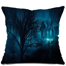 Orror Halloween Haunted House In Creepy Night Forest Pillows 105134710