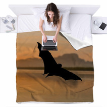 Outdoor Bat Silhouette Flying At Sunset Blankets 90186792