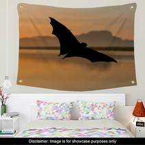 Outdoor Bat Silhouette Flying At Sunset Wall Art 90186792