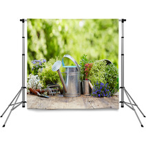 Outdoor Gardening Tools And Flowers Backdrops 67904933