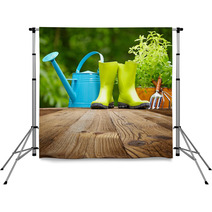 Outdoor Gardening Tools  On Old Wood Table Backdrops 61233089