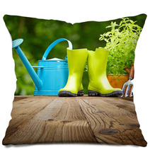 Outdoor Gardening Tools  On Old Wood Table Pillows 61233089