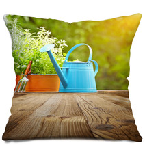 Outdoor Gardening Tools  On Old Wood Table Pillows 61233227