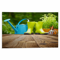 Outdoor Gardening Tools  On Old Wood Table Rugs 61233089