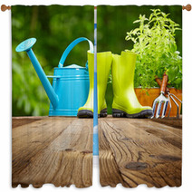 Outdoor Gardening Tools  On Old Wood Table Window Curtains 61233089