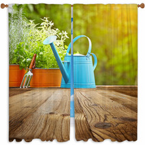 Outdoor Gardening Tools  On Old Wood Table Window Curtains 61233227