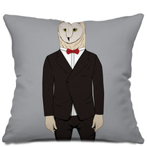 Owl Dressed Up In Tuxedo Anthropomorphic Illustration Fashion Animals Pillows 213065357