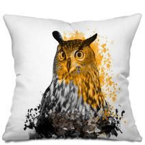 Owl With Abstract Paint On White Background Pillows 194126656