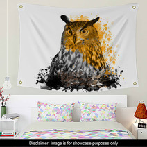Owl With Abstract Paint On White Background Wall Art 194126656