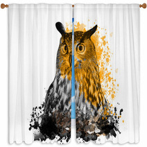 Owl With Abstract Paint On White Background Window Curtains 194126656
