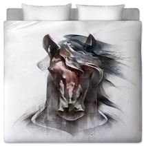 Painted Colored Horse Portrait Isolated In Front Bedding 217580520