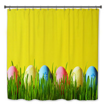 Painted Easter Eggs In A Green Grass On A Meadow Bath Decor 193610165
