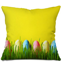 Painted Easter Eggs In A Green Grass On A Meadow Pillows 193610165
