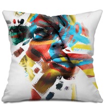 Paintography Double Exposure Of An Attractive Male Model With Closed Eyes And Hand Covering Face Combined With Colorful Hand Drawn Paintings Pillows 290119912