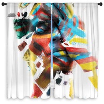 Paintography Double Exposure Of An Attractive Male Model With Closed Eyes And Hand Covering Face Combined With Colorful Hand Drawn Paintings Window Curtains 290119912