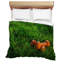 Pair Of Orange Dumbbells On Grass In Warm Morning Light Fitnes Bedding 110251860