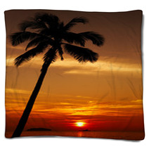 Palm Tree Silhouette At Sunset, Chang Island, Thailand Blankets 70237827