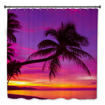 Palm Tree Silhouette At Sunset On Tropical Beach Bath Decor 63423132