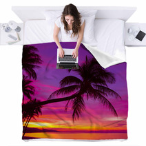 Palm Tree Silhouette At Sunset On Tropical Beach Blankets 63423132