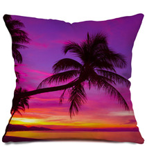 Palm Tree Silhouette At Sunset On Tropical Beach Pillows 63423132
